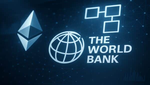 Illustration éditoriale montrant le logo de la Banque mondiale avec des symboles blockchain et Ethereum.