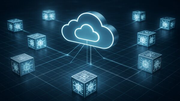 Illustration éditoriale d’un réseau blockchain lumineux avec des nœuds interconnectés, représentant le stockage cloud décentralisé SINOVATE.