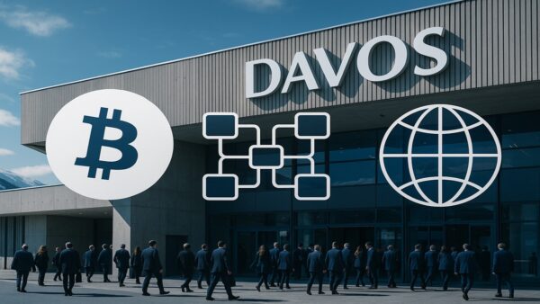 Illustration éditoriale montrant le logo Bitcoin et blockchain devant le centre de conférence de Davos.