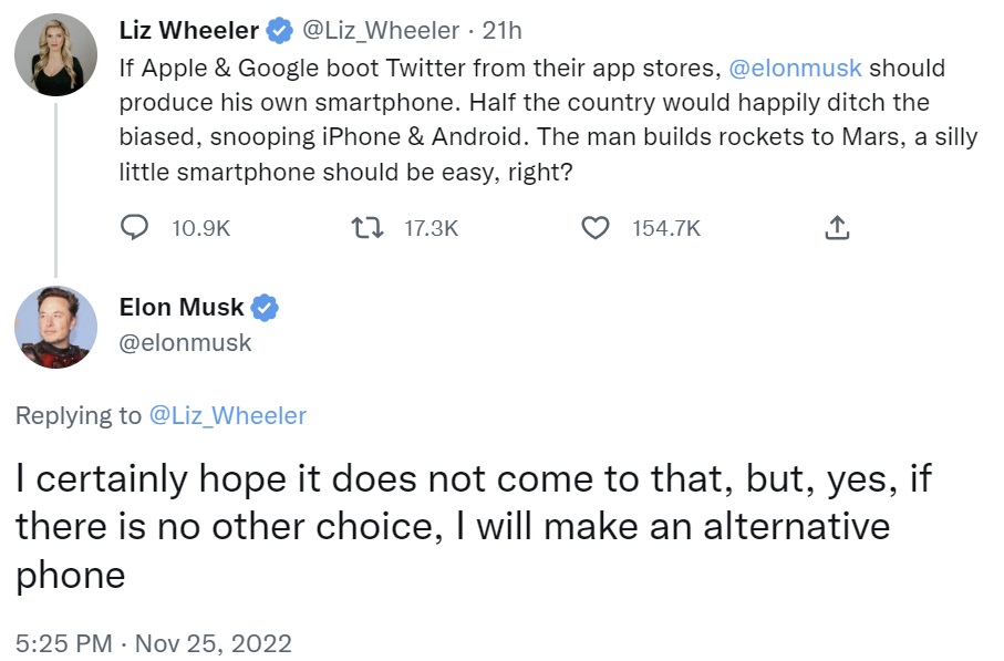 Elon Musk prévoit de lancer un téléphone alternatif si Apple et Google retirent Twitter de leurs magasins d'applications.
