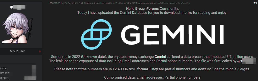 Une fuite de données sur les clients de Gemini a été annoncée à la vente sur des forums de hackers pour 30 BTC en septembre.
