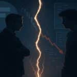 Illustration réaliste représentant la rupture entre Brett Harrison et Sam Bankman-Fried, avec fissure lumineuse et symboles crypto en arrière-plan.