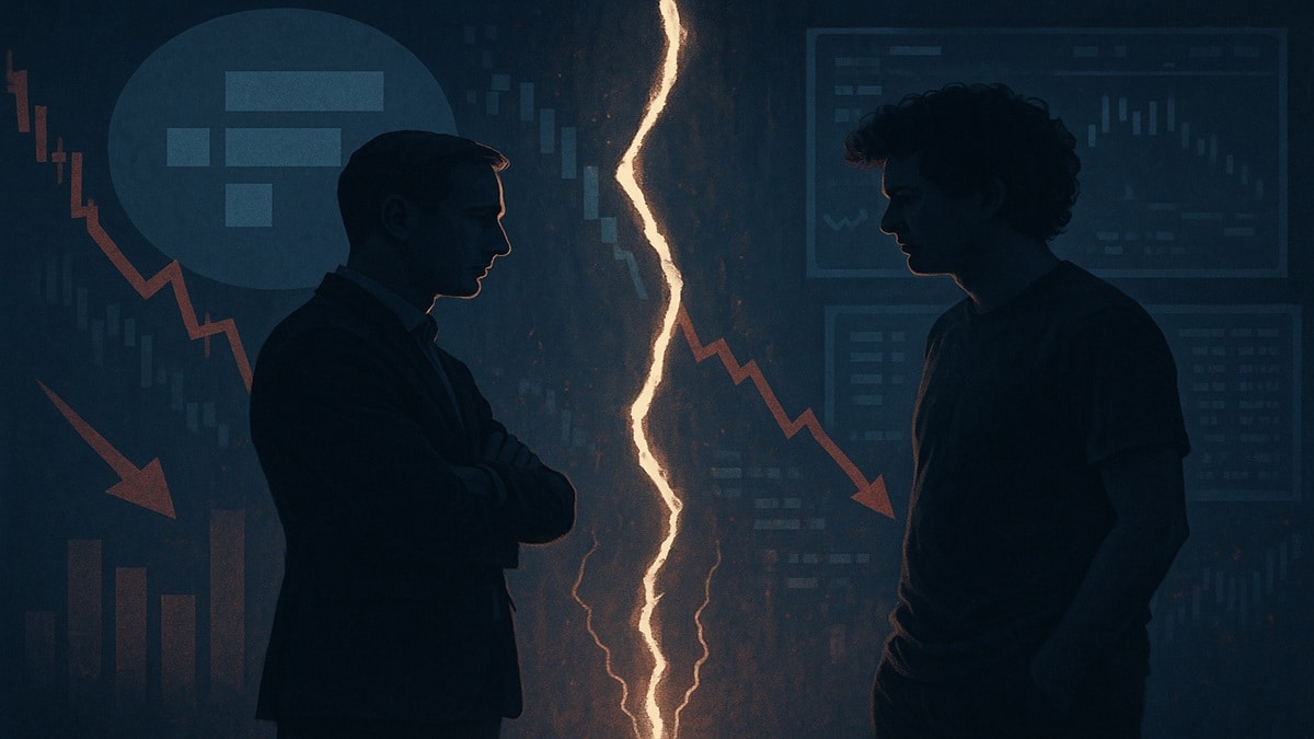Illustration réaliste représentant la rupture entre Brett Harrison et Sam Bankman-Fried, avec fissure lumineuse et symboles crypto en arrière-plan.