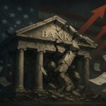 Illustration réaliste d’une banque américaine fissurée avec un drapeau US et des flèches rouges ascendantes, symbolisant la hausse des taux et la crise bancaire.