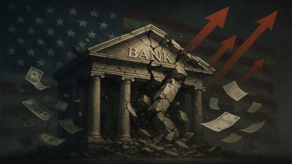 Illustration réaliste d’une banque américaine fissurée avec un drapeau US et des flèches rouges ascendantes, symbolisant la hausse des taux et la crise bancaire.