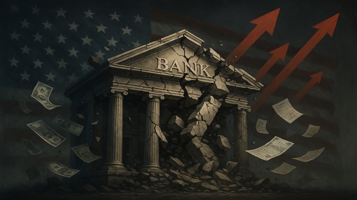 Illustration réaliste d’une banque américaine fissurée avec un drapeau US et des flèches rouges ascendantes, symbolisant la hausse des taux et la crise bancaire.