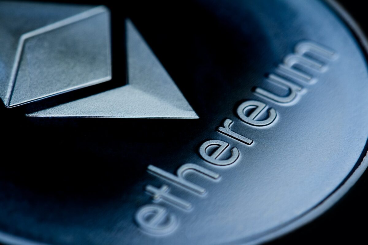 close up of on a blue coin ethereum logo