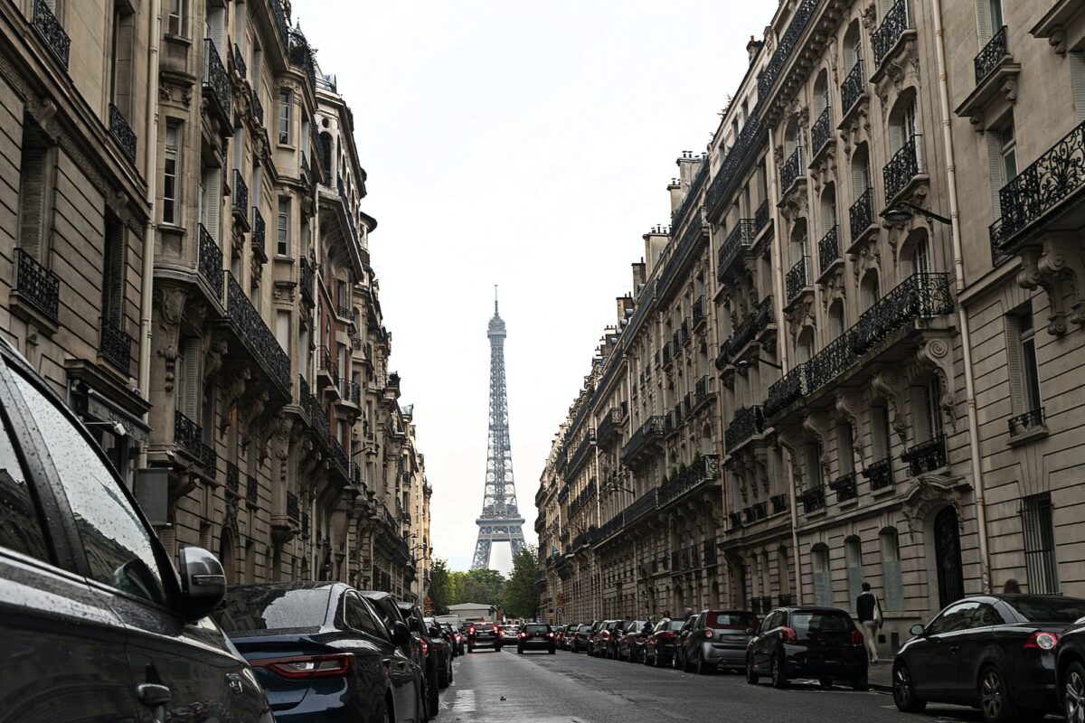 View of Eiffel Tower from Paris city street