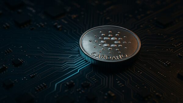 Une photo réaliste d'une pièce physique Cardano (ADA) reposant sur un circuit imprimé complexe, symbolisant la croissance technologique et on-chain du réseau.