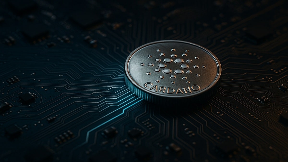 Une photo réaliste d'une pièce physique Cardano (ADA) reposant sur un circuit imprimé complexe, symbolisant la croissance technologique et on-chain du réseau.