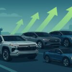 Illustration réaliste de véhicules General Motors avec flèches ascendantes et bornes de recharge, symbolisant la hausse des ventes et la transition vers l’électrique.