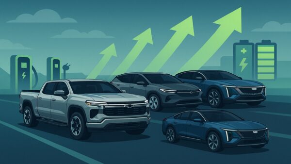 Illustration réaliste de véhicules General Motors avec flèches ascendantes et bornes de recharge, symbolisant la hausse des ventes et la transition vers l’électrique.