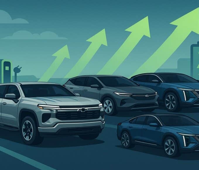 Illustration réaliste de véhicules General Motors avec flèches ascendantes et bornes de recharge, symbolisant la hausse des ventes et la transition vers l’électrique.