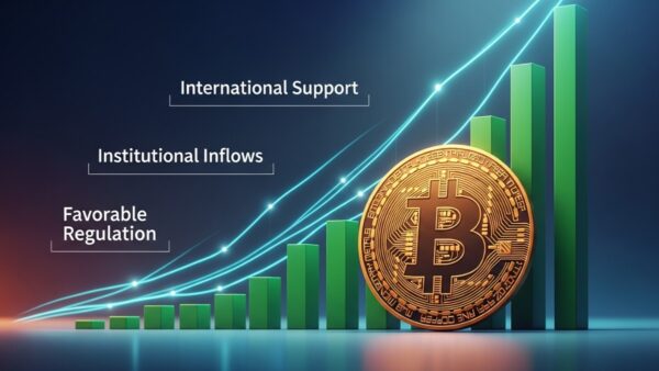 Graphique haussier avec le logo Bitcoin, illustrant une forte augmentation du prix