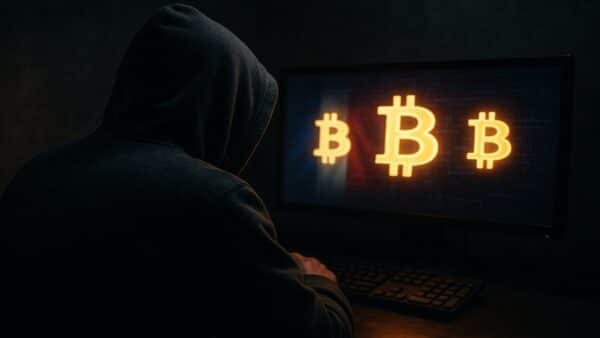 Une illustration de l'alerte sur les enlèvements crypto en France, montrant une menace ciblant des Bitcoins.