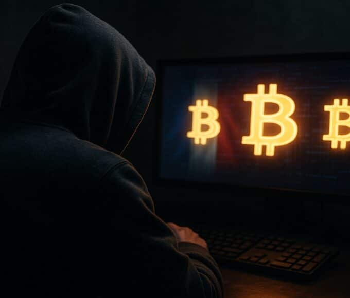 Une illustration de l'alerte sur les enlèvements crypto en France, montrant une menace ciblant des Bitcoins.