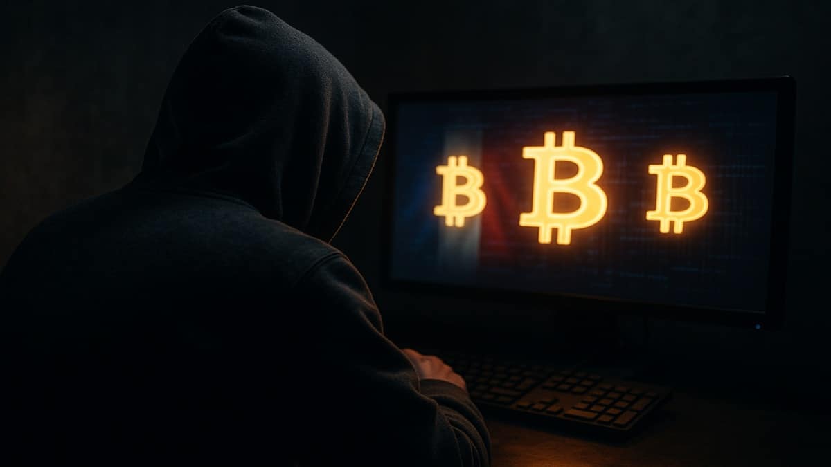 Une illustration de l'alerte sur les enlèvements crypto en France, montrant une menace ciblant des Bitcoins.