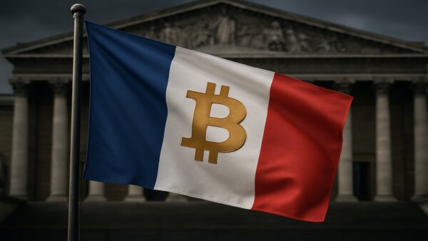 Le drapeau français et le symbole Bitcoin fusionnés, symbolisant le projet de réserve stratégique de 420 000 Bitcoins.