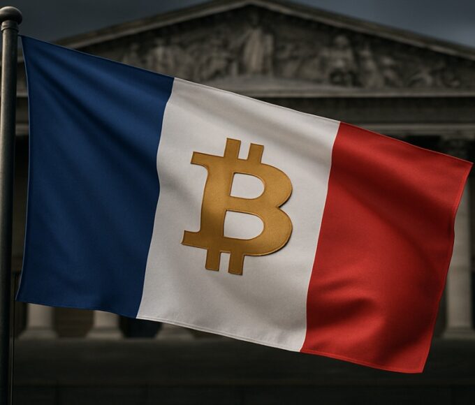 Le drapeau français et le symbole Bitcoin fusionnés, symbolisant le projet de réserve stratégique de 420 000 Bitcoins.