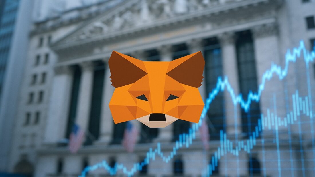 Le logo du renard de MetaMask devant la Bourse de New York, symbolisant l'entrée en bourse (IPO) de Consensys.
