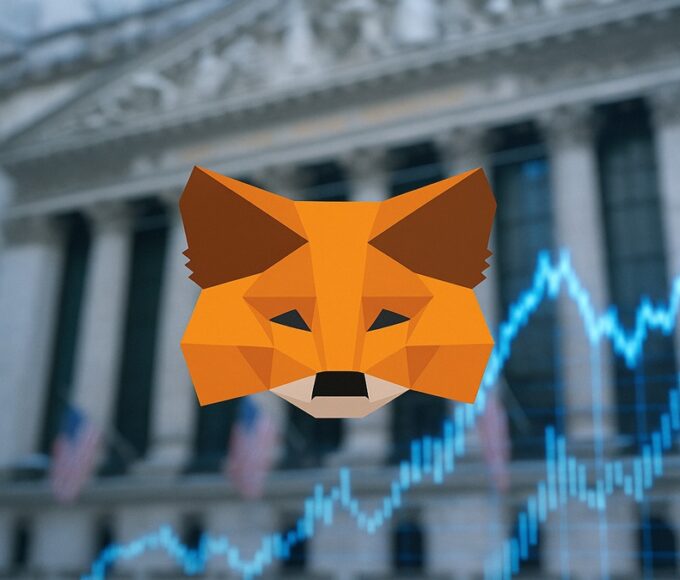 Le logo du renard de MetaMask devant la Bourse de New York, symbolisant l'entrée en bourse (IPO) de Consensys.