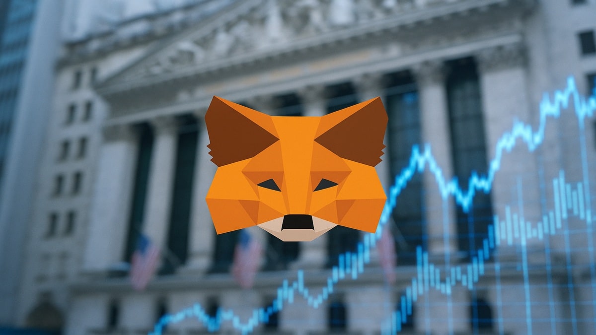 Le logo du renard de MetaMask devant la Bourse de New York, symbolisant l'entrée en bourse (IPO) de Consensys.
