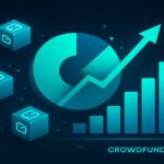 Illustration conceptuelle d'une ICO (Initial Coin Offering) montrant un jeton numérique au centre d'une interface de données financières futuriste.