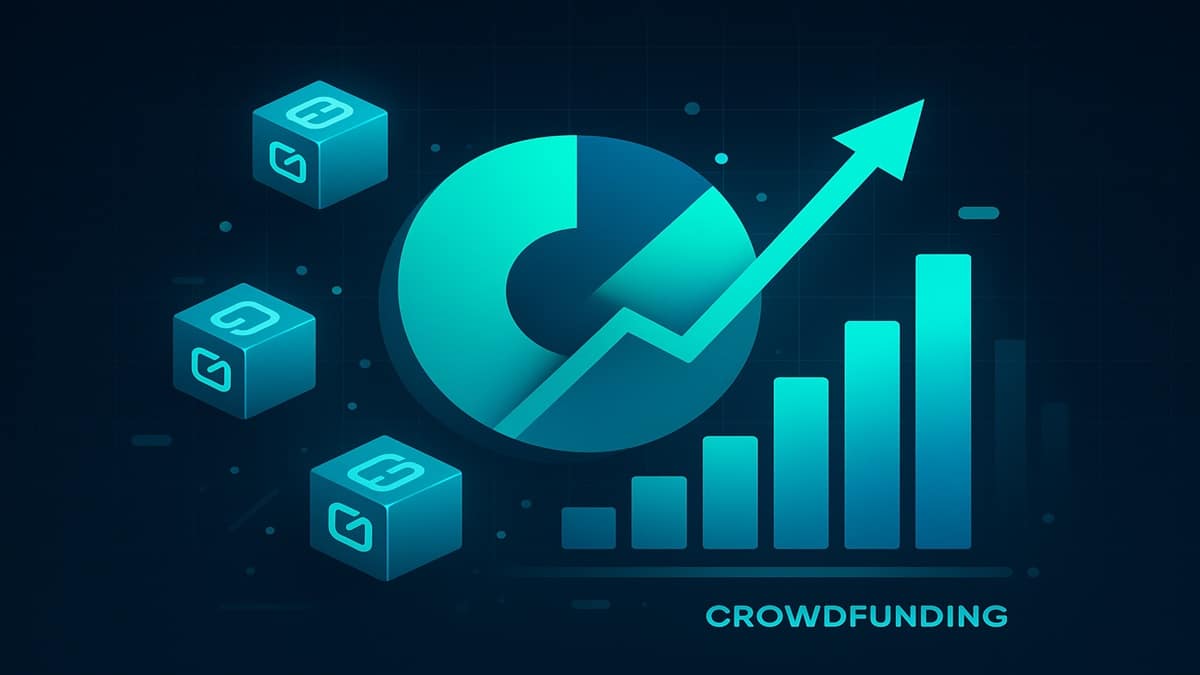 Illustration conceptuelle d'une ICO (Initial Coin Offering) montrant un jeton numérique au centre d'une interface de données financières futuriste.