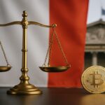 Le drapeau français et le symbole Bitcoin fusionnés, symbolisant le projet de réforme de la fiscalité crypto en France.