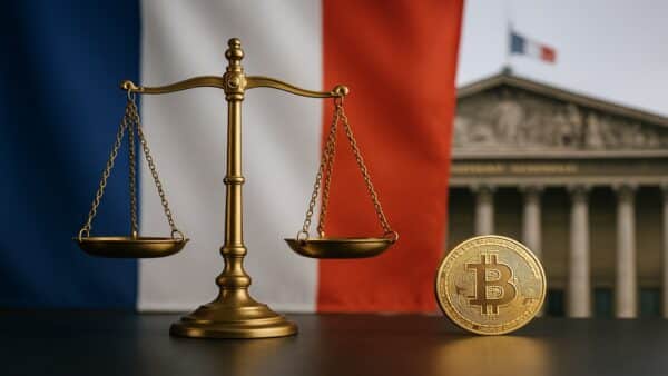 Le drapeau français et le symbole Bitcoin fusionnés, symbolisant le projet de réforme de la fiscalité crypto en France.