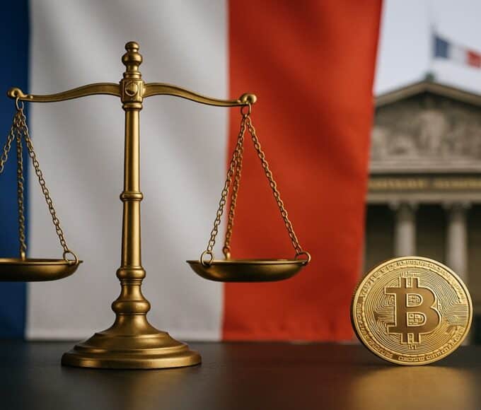Le drapeau français et le symbole Bitcoin fusionnés, symbolisant le projet de réforme de la fiscalité crypto en France.