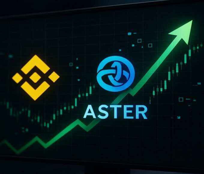 Le logo du token ASTER et de Binance sur un écran de trading, symbolisant les transferts massifs et la rumeur de listing.