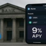 L'application mobile Aave (Aave App) sur un smartphone, montrant les rendements DeFi (9% APY).