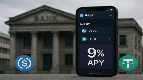 L'application mobile Aave (Aave App) sur un smartphone, montrant les rendements DeFi (9% APY).