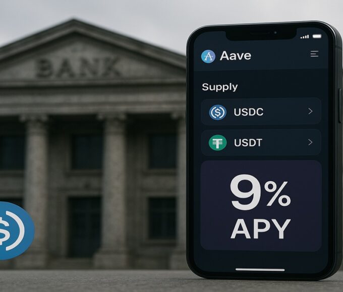 L'application mobile Aave (Aave App) sur un smartphone, montrant les rendements DeFi (9% APY).