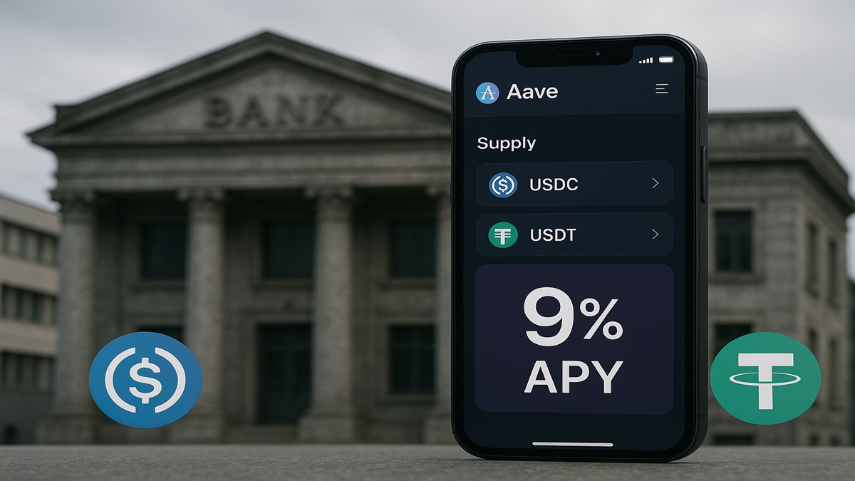 L'application mobile Aave (Aave App) sur un smartphone, montrant les rendements DeFi (9% APY).