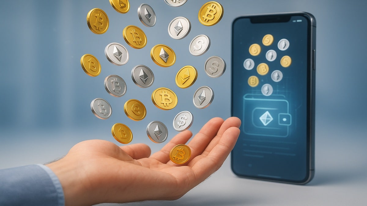 Illustration réaliste d’un airdrop crypto avec des jetons numériques tombant vers une main et un smartphone affichant un portefeuille digital.