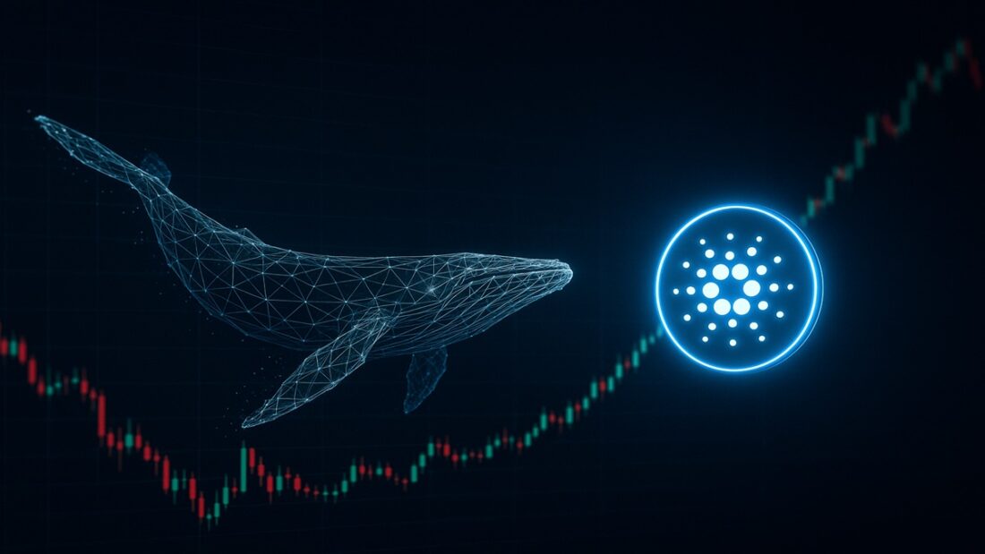 Une illustration d'une "baleine" crypto accumulant des tokens Cardano (ADA), symbolisant les achats massifs.