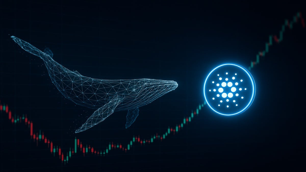 Une illustration d'une "baleine" crypto accumulant des tokens Cardano (ADA), symbolisant les achats massifs.