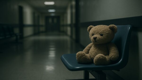 Un ours en peluche seul dans un couloir d'hôpital, illustrant le drame d'Alicante lié au syndrome de Münchausen.