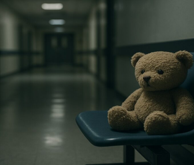 Un ours en peluche seul dans un couloir d'hôpital, illustrant le drame d'Alicante lié au syndrome de Münchausen.