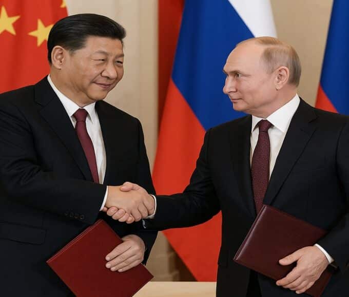 Xi Jinping et Vladimir Poutine se serrent la main après la signature de 20 accords stratégiques entre la Chine et la Russie en septembre 2025.