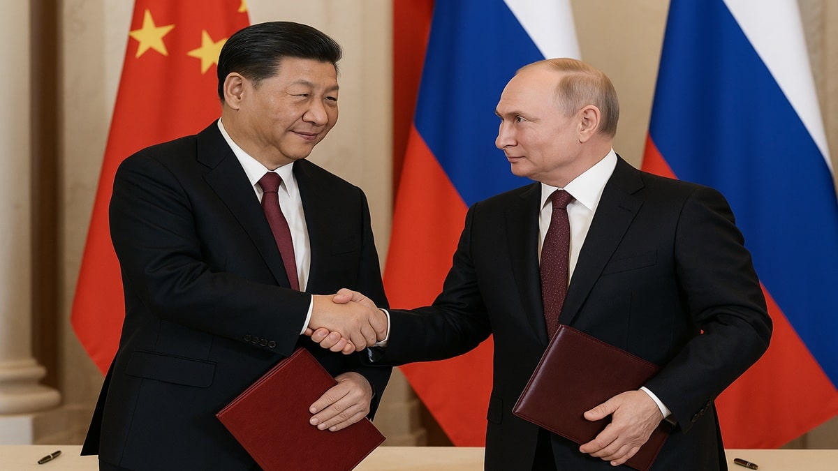 Xi Jinping et Vladimir Poutine se serrent la main après la signature de 20 accords stratégiques entre la Chine et la Russie en septembre 2025.