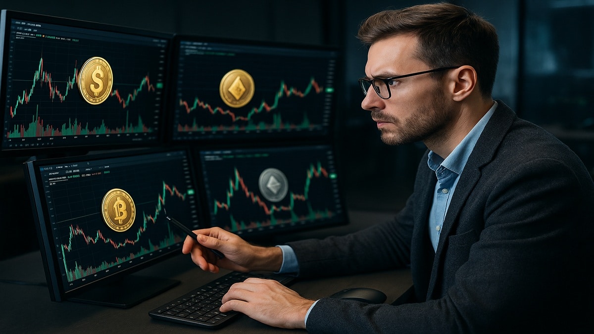 Investisseur regardant des graphiques de d'altcoins en 2025, altcoins prometteurs à fort potentiel de croissance