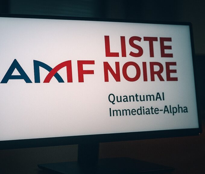 La liste noire de l'AMF (Autorité des marchés financiers) affichée sur un écran, listant des plateformes crypto frauduleuses comme QuantumAI.