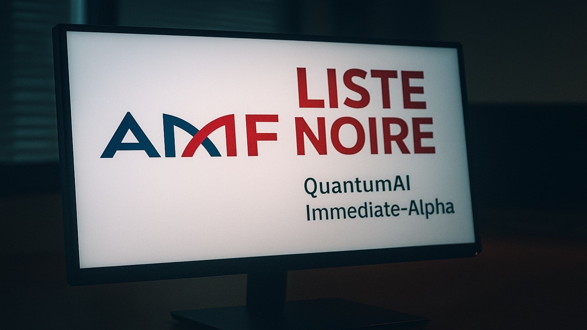 La liste noire de l'AMF (Autorité des marchés financiers) affichée sur un écran, listant des plateformes crypto frauduleuses comme QuantumAI.