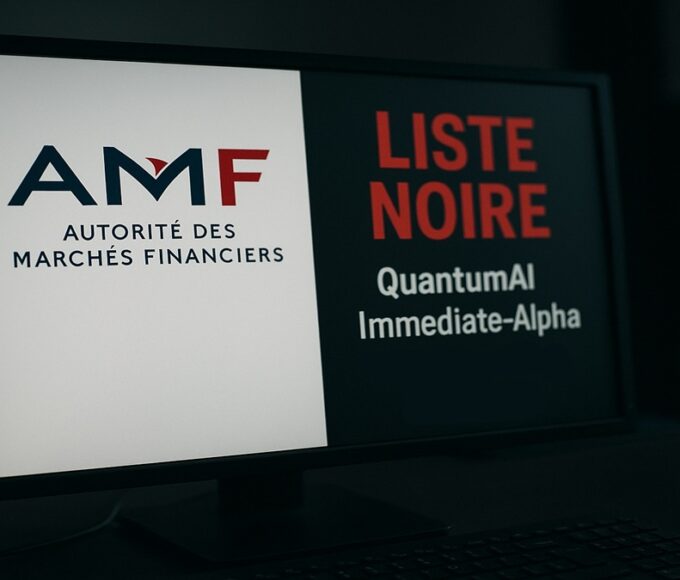 La liste noire de l'AMF (Autorité des marchés financiers) affichée sur un écran, listant des plateformes crypto frauduleuses comme QuantumAI.