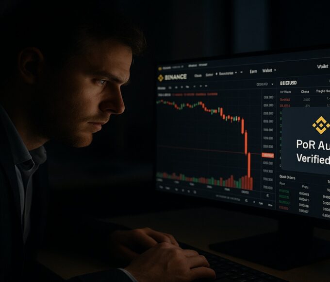 Un trader consulte l'interface de Binance lors du crash crypto de novembre 2025. L'écran montre une chute des prix mais aussi la "Preuve de Réserves" (PoR) de la plateforme.