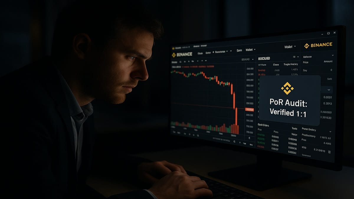 Un trader consulte l'interface de Binance lors du crash crypto de novembre 2025. L'écran montre une chute des prix mais aussi la "Preuve de Réserves" (PoR) de la plateforme.