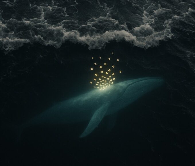 Une photo conceptuelle d'une baleine (whale) accumulant des Bitcoins sous un océan agité, symbolisant l'accumulation institutionnelle (MSTR, Whales) face à la panique des ETF en novembre 2025.